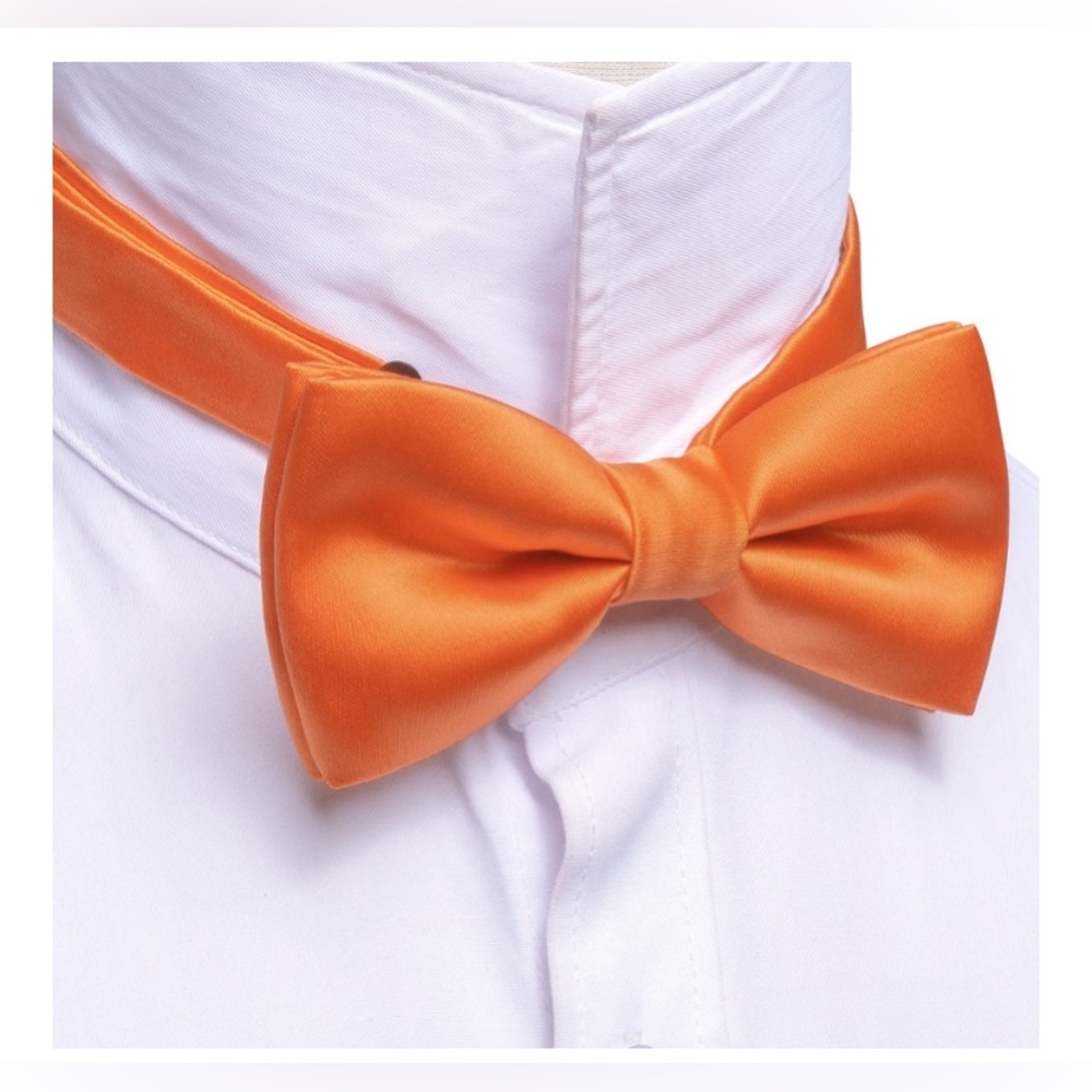 Gusleson fashion Orange Solid Silk Pre Tied Bow Tie Hanky Cufflinks Set - Picture 4 of 9